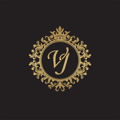 Fototapeta na wymiar Initial letter VJ, overlapping monogram logo, decorative ornament badge, elegant luxury golden color
