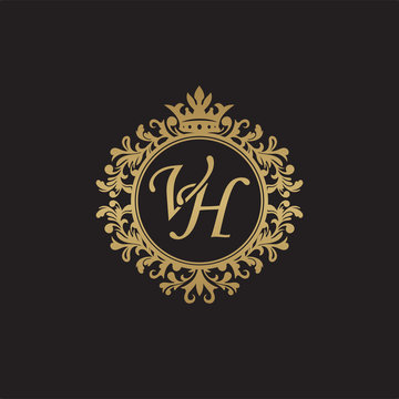 Initial letter VH, overlapping monogram logo, decorative ornament badge, elegant luxury golden color