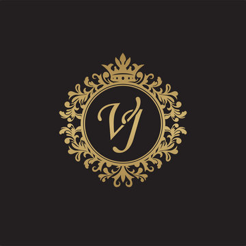 Initial letter VJ, overlapping monogram logo, decorative ornament badge, elegant luxury golden color