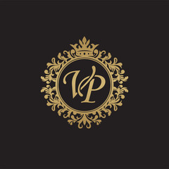 Initial letter VP, overlapping monogram logo, decorative ornament badge, elegant luxury golden color