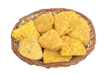 Indian Bakery Food called as Khari Snack, Khari Biscuit or Jeera Khari, Indian Tea Time Snack isolated on white background