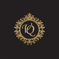 Initial letter VQ, overlapping monogram logo, decorative ornament badge, elegant luxury golden color