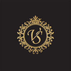 Initial letter VS, overlapping monogram logo, decorative ornament badge, elegant luxury golden color