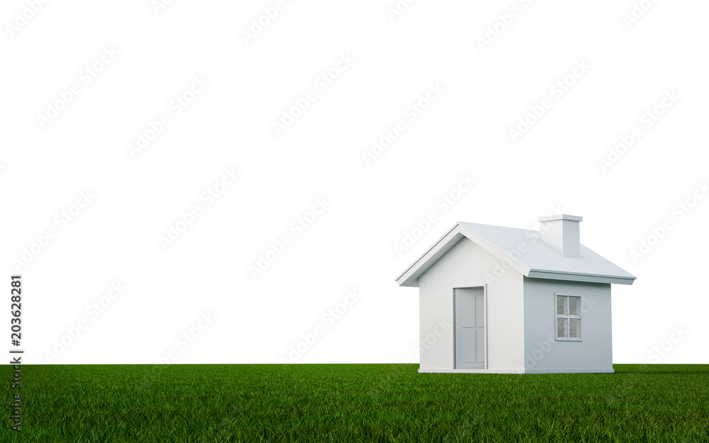 Poster 3d rendering of simple house isolated on white background with clipping path. white schematic mass f