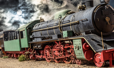 Alienated photograph of the steam locomotive of Wadi Rum in Jordan with a dramatic background