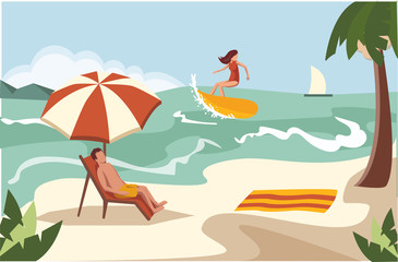 Obraz na płótnie Canvas People spend their holidays on the beach under the palm trees