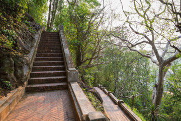 Stairs at the Mount Phousi (Phou Si, Phusi, Phu Si) in Luang Prabang, Laos, on a sunny day.