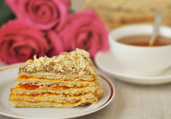 Homemade sweet cake piece on a plate. Close-up