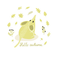 Vector card with cute mouse and autumn floral elements: leaves, branches and berries. Natural hand drawing background with animals in the forest. Retro background.