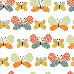 Vector seamless pattern with different butterflies on the white background. Endless texture with hand drawing insect.