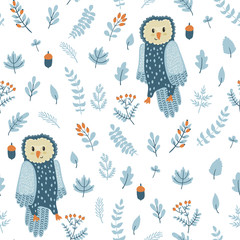 Vector seamless pattern with cute owls and floral elements: leaves, berries, branches and acorns. Forest texture with funny birds and forest plants.
