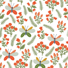 Vector seamless pattern with butterflies and different floral elements: branches, flowers and berries. Natural texture with insects and plant. Hand drawing background.