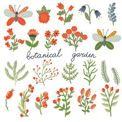 Vector set of cute hand drawing floral elements: branches, leaves, berries, flowers and butterflies on the white background. Big natural set. Botanical garden collection.