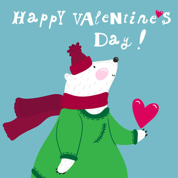 Vector holiday card with cute smiling white bear and text "Happy valentine's day". Funny hand drawing cartoon character.