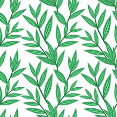 Vector seamless pattern with green leaves. Natural texture with branches.