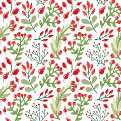 Vector floral seamless pattern with berries, branches and leaves. Bright berries and leaves on the white background. Botanical garden collection.