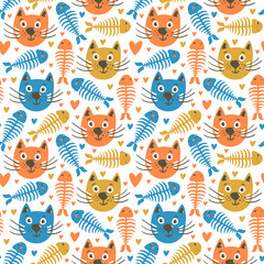 Vector seamless pattern with funny cats and fish. Cute cartoon characters. Hand drawing childish background.