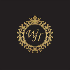 Initial letter WH, overlapping monogram logo, decorative ornament badge, elegant luxury golden color