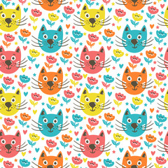 Vector bright seamless pattern with funny cats, hearts, stars, flowers. Cute cartoon characters. Hand drawing childish background.