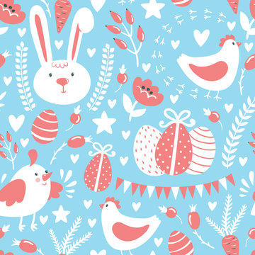 Vector seamless pattern with cute bunny, hen and chick, eggs, hearts, stars, carrots, branches and flowers. Hand drawing easter texture.