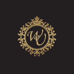 Initial letter WU, overlapping monogram logo, decorative ornament badge, elegant luxury golden color