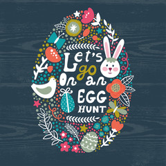 Vector Easter background with egg from cute elements: bunny, bird, branches, flowers, berries, butterflies and text 