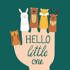 Vector illustration with finger puppets. Different forest animals: rabbit, bear, fox, deer, owl and hand written text 