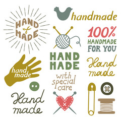 Vector set of hand drawing logos for handmade with different objects and beautiful hand drawing text 
