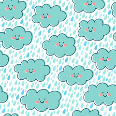 Vector seamless pattern with cute smiling clouds and rain drops. Endless hand drawing texture with cartoon characters. Childish background with rain.