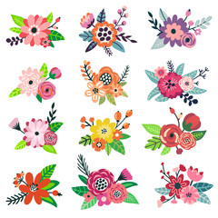 Fototapeta na wymiar Vector set of hand drawing beautiful bouquets. Floral elements for your design: flowers, berries, branches, leaves. Botanical garden set. All elements are isolated on white.
