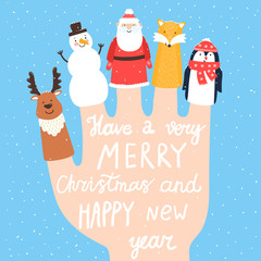 Vector holiday background with finger puppets. Winter cartoon characters: fox, deer, snowman, Santa Claus, penguin. Card with hand written text "Have a very merry Christmas and happy New Year".