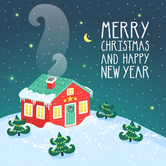 Fototapeta premium Vector holiday card with night landscape, small red house, wreath on the door, christmas trees, snowdrifts and text 