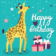 Vector birthday card with cute smiling giraffe, gift boxes and hand written text 