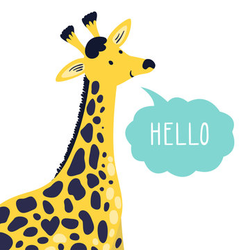Vector illustration of cute giraffe and text "Hello". Childish background with smiling cartoon character.