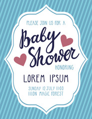 Baby shower invitation card. Cute blue background with hearts and beautiful typography. Invitation card template for baby boy.