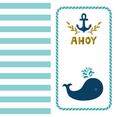 Vector sea background with stripes, whale, anchor and golden text "Baby shower". Cute childish background. Invitation template.