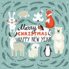 Vector holiday background with cute animals: fox, deer, penguin, rabbit, polar bear, urchin, dog, bullfinch. Christmas card with hand written text Merry Christmas and happy New Year. Winter background