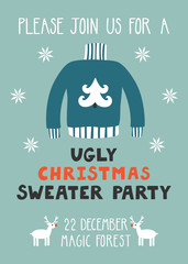 Vector invitation template with ugly sweater, reindeer and text 