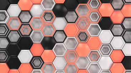Abstract 3d background made of black, white and red hexagons on white background