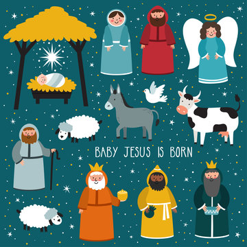 Nativity scene. Vector set of cute people, animals. Holiday background with text "Baby Jesus is born"
