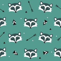 Vector seamless pattern with cute raccoons, arrows and triangles. Childhish background with cartoon character. Repeating texture with smiling animals.