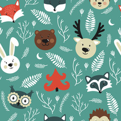 Vector seamless pattern with forest animals: deer, fox, rabbit, owl, raccoon, bear, wolf, hendgehog. Repeated texture with cute cartoon characters.