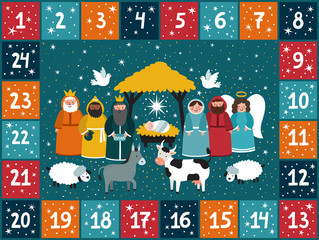 Christmas advent calendar with traditional nativity scene. Bright holiday background in cartoon style.