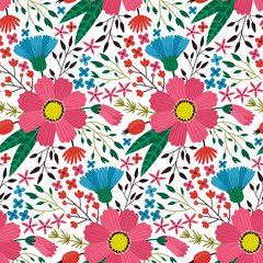 Vector flower seamless pattern. Beautiful repeated texture with cosmos flowers and cornflowers. Elegant summer background with hand drawn floral elements.