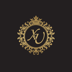 Initial letter XU, overlapping monogram logo, decorative ornament badge, elegant luxury golden color