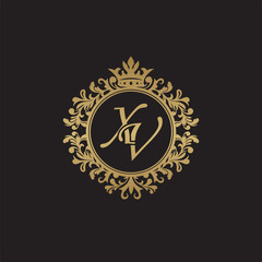 Initial letter XV, overlapping monogram logo, decorative ornament badge, elegant luxury golden color