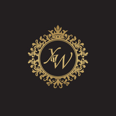 Initial letter XW, overlapping monogram logo, decorative ornament badge, elegant luxury golden color