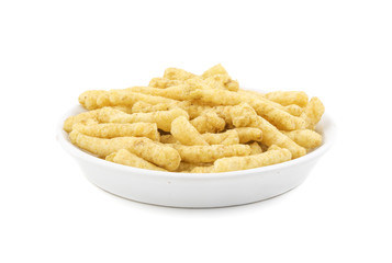 Indian Street Food Spicy Kurkure Also Know as Namkeen Sticks, Green Chutney Kurkure isolated on White Background