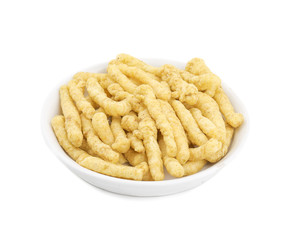 Indian Street Food Spicy Kurkure Also Know as Namkeen Sticks, Green Chutney Kurkure isolated on White Background