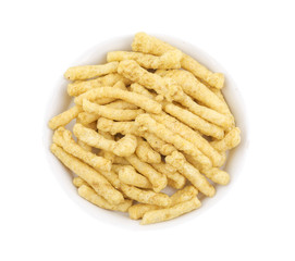 Indian Street Food Spicy Kurkure Also Know as Namkeen Sticks, Green Chutney Kurkure isolated on White Background